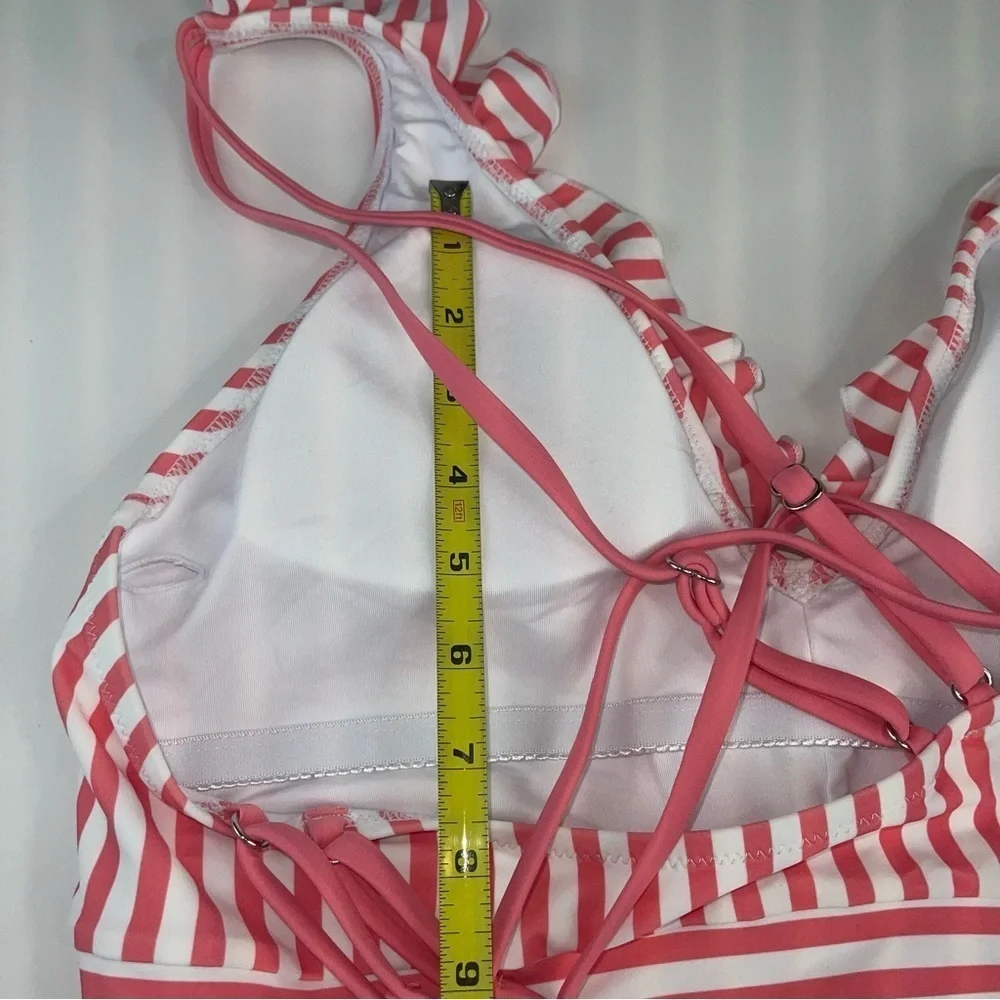 Women's V Neck One Piece Swimsuit Ruffled Back Cross Swimwear Pink White